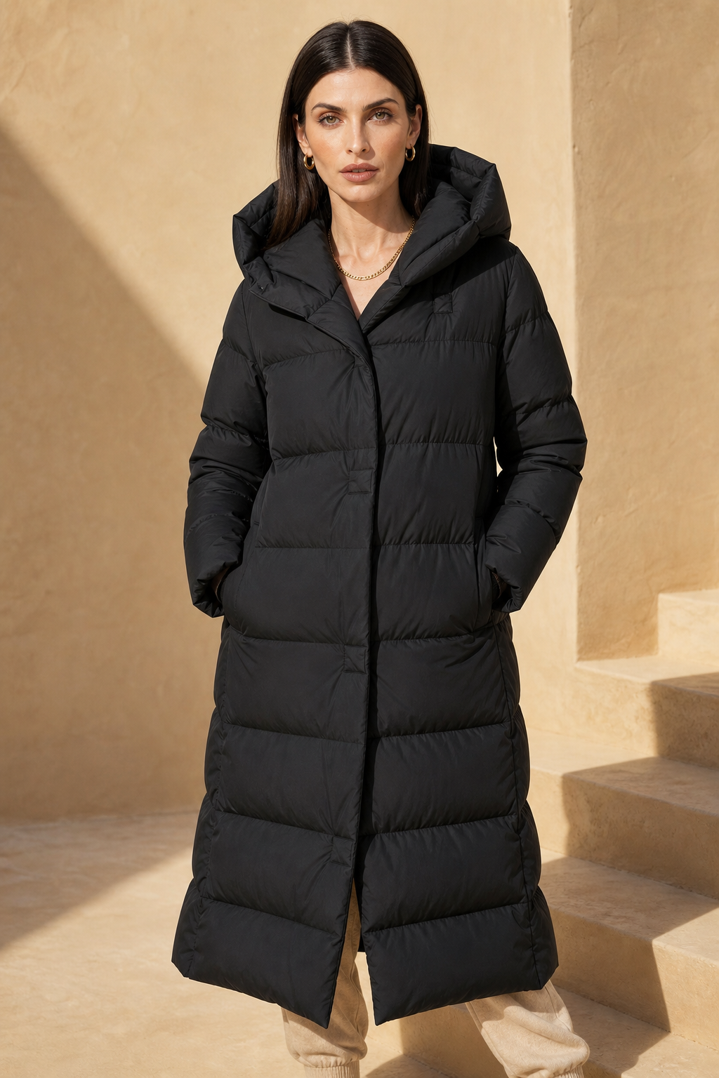 Autumn | Womens Long Down Parka with Hood | Duck Down Fill, Long Cut, Hidden Front Closure | Coffee, Black, White S-L