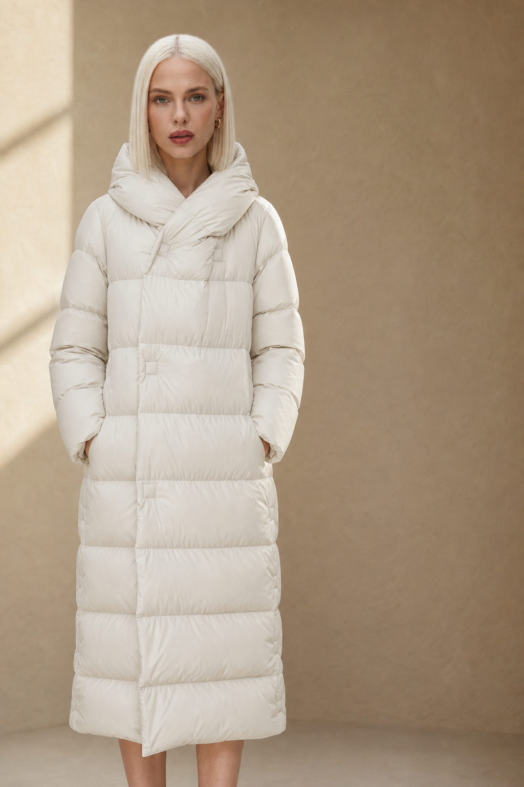 Autumn | Womens Long Down Parka with Hood | Duck Down Fill, Long Cut, Hidden Front Closure | Coffee, Black, White S-L