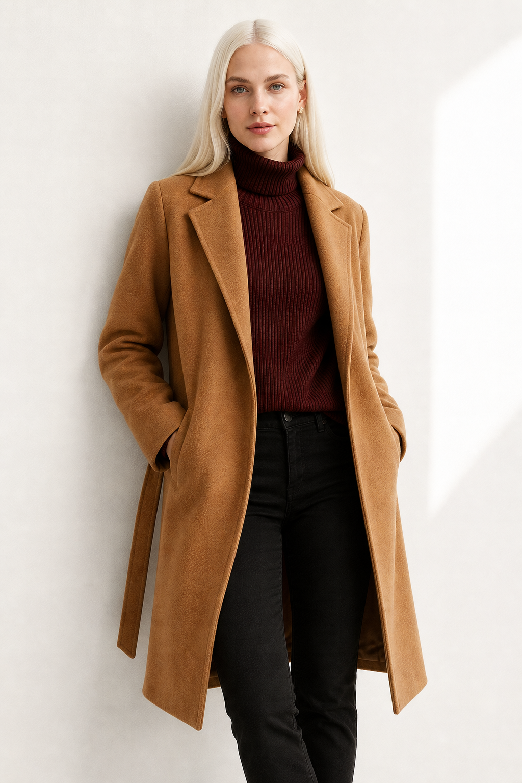 Claire | Womens Belted Wool Coat in Midi Length | Cinched Waist, Warm Without Bulk | Vintage, Ivory, Black S-XL