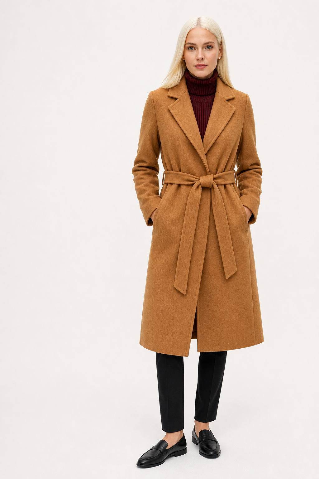 Claire | Womens Belted Wool Coat in Midi Length | Cinched Waist, Warm Without Bulk | Vintage, Ivory, Black S-XL