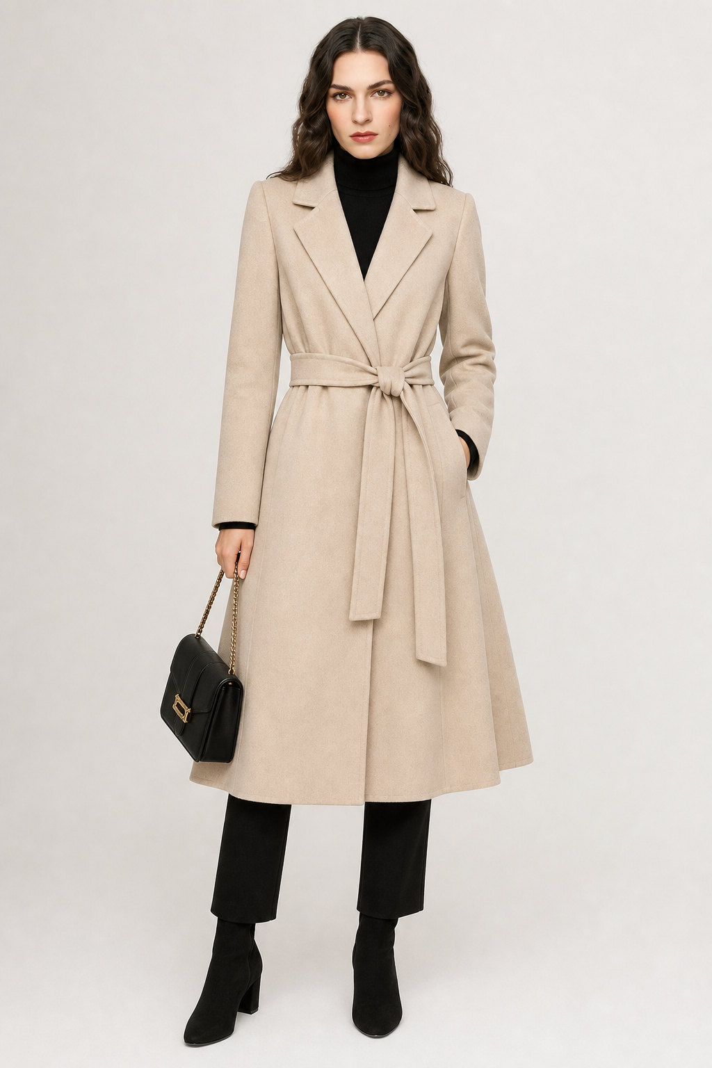 Claire | Womens Belted Wool Coat in Midi Length | Cinched Waist, Warm Without Bulk | Vintage, Ivory, Black S-XL