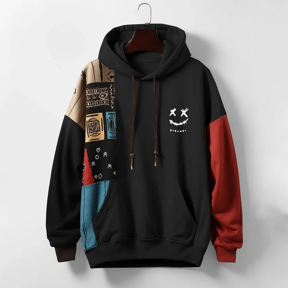 Chad | Mens Contrast Pattern Hoodie, Relaxed Fit | Cotton Blend, Metal Aglets | Khaki, Black and White 3XS-3XL