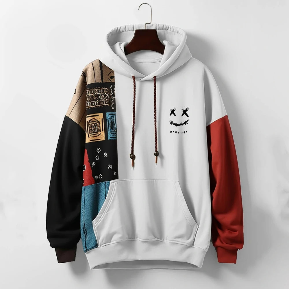 Chad | Mens Contrast Pattern Hoodie, Relaxed Fit | Cotton Blend, Metal Aglets | Khaki, Black and White 3XS-3XL