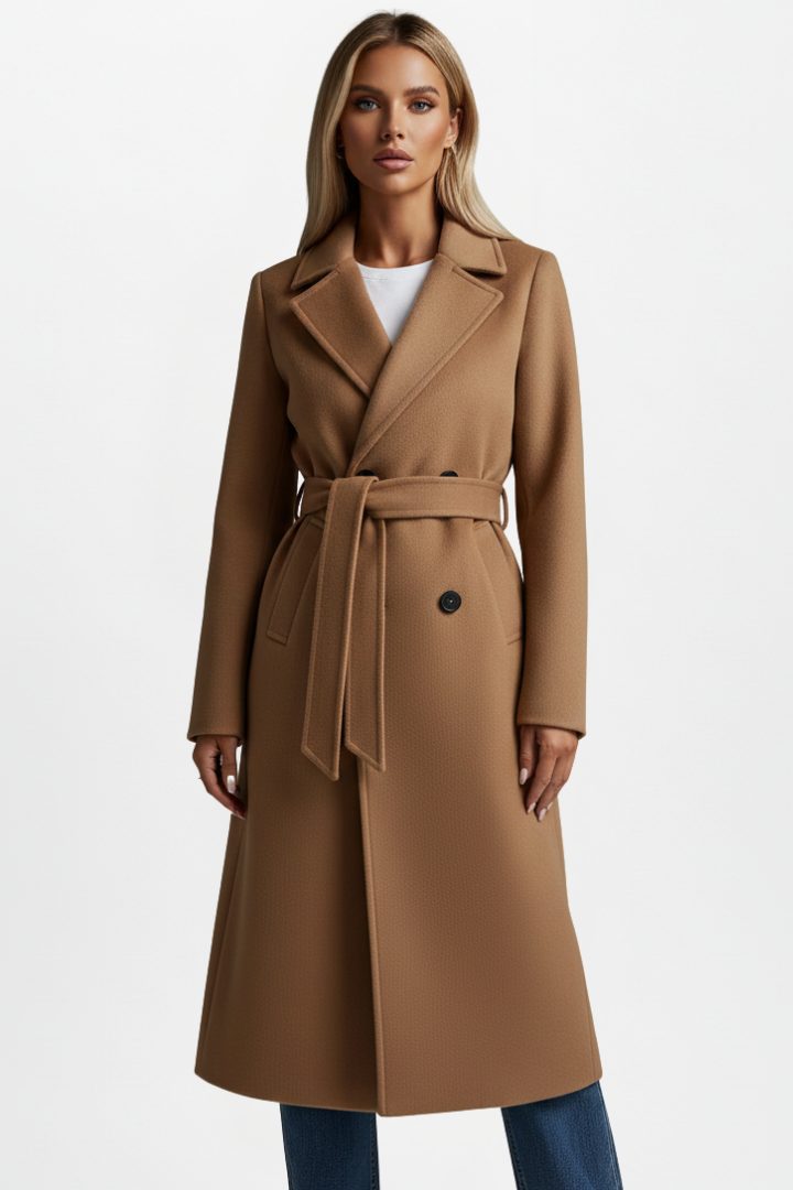 Aida | Wool Double-Breasted Longline Winter Coat with Belt for Women