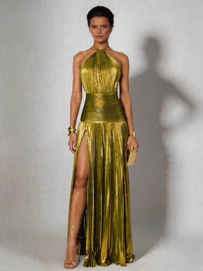 Aileen | Pleated Halterneck Maxi Dress with High Leg Split for Women