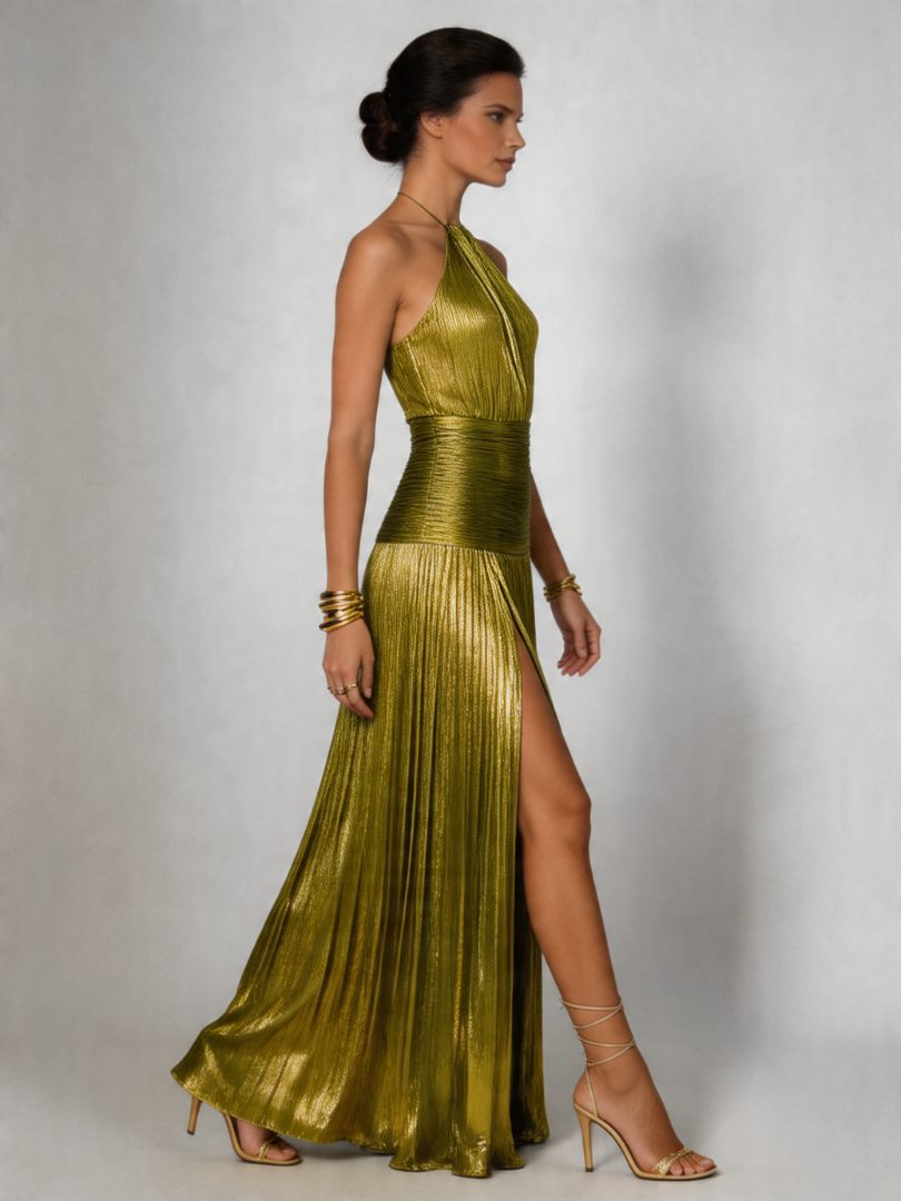 Aileen | Pleated Halterneck Maxi Dress with High Leg Split for Women