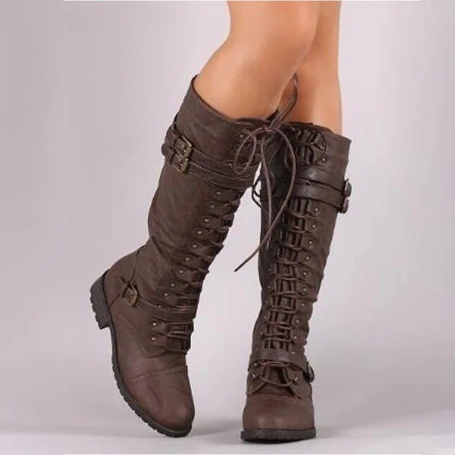 Aino | Winter Lace-Up Knee High Boots with Buckle Straps for Women