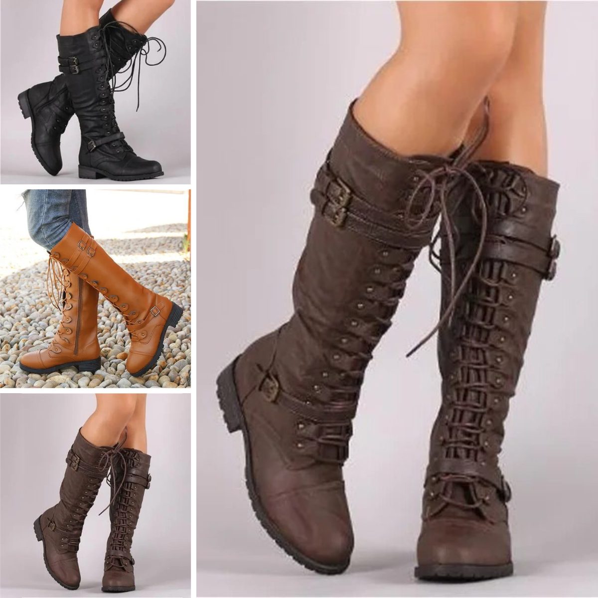 Aino | Winter Lace-Up Knee High Boots with Buckle Straps for Women