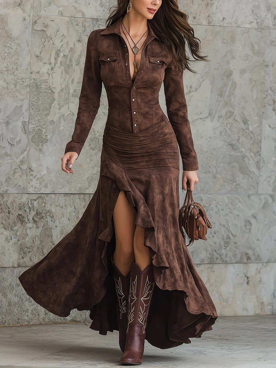 Alida | Suede Button-Down Shirt Maxi Dress for Women