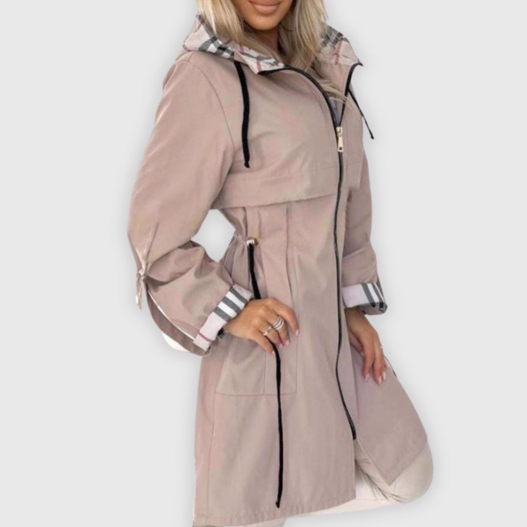 Alisha | Longline Rain Jacket with Plaid Lining and Hood for Women
