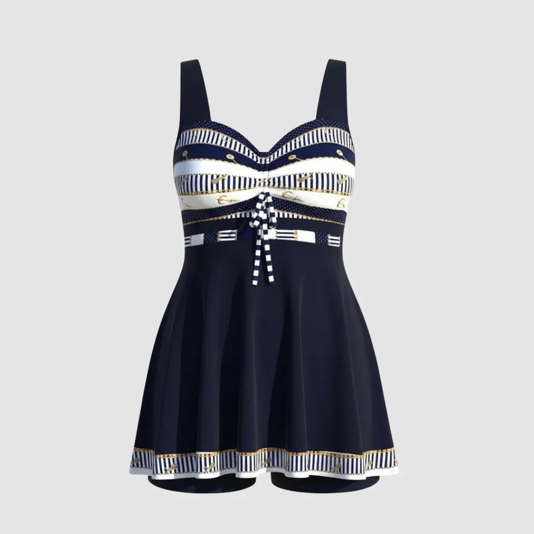 Alison | Women's Nautical Print Swim Dress with Sweetheart Neckline