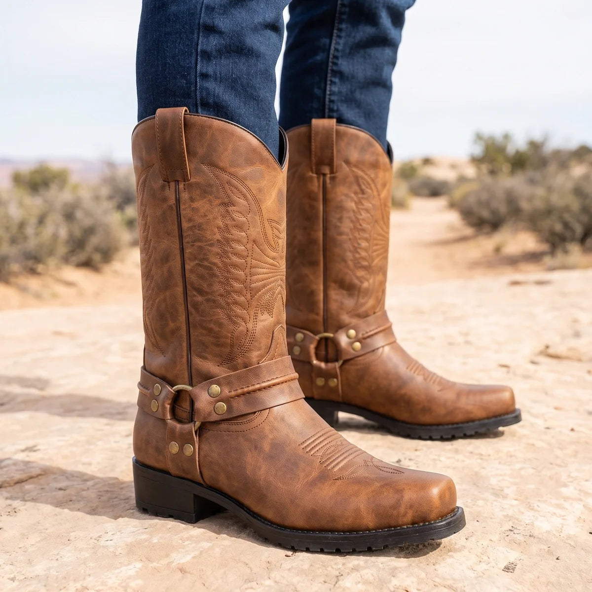 Alonzo Genuine Leather Harness Ring Western Boots