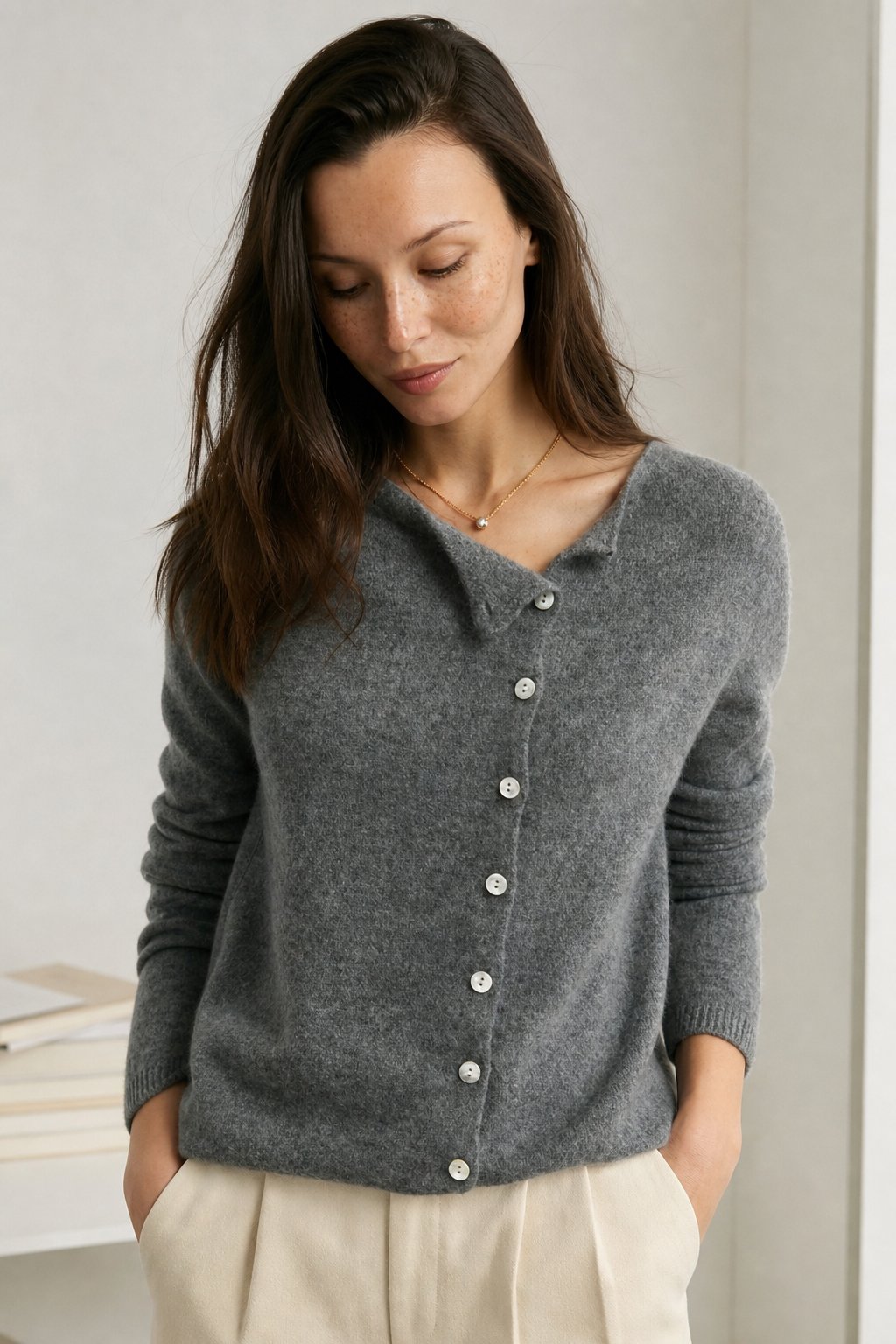 Amélise | Womens Asymmetric Button Cashmere Blend Sweater | Long Sleeves, Soft Knit | Khaki, Pink and More XS-3XL