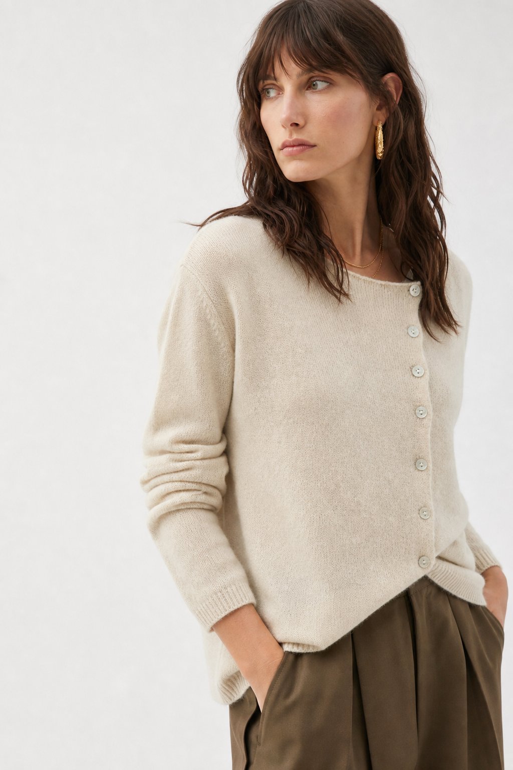 Amélise | Womens Asymmetric Button Cashmere Blend Sweater | Long Sleeves, Soft Knit | Khaki, Pink and More XS-3XL