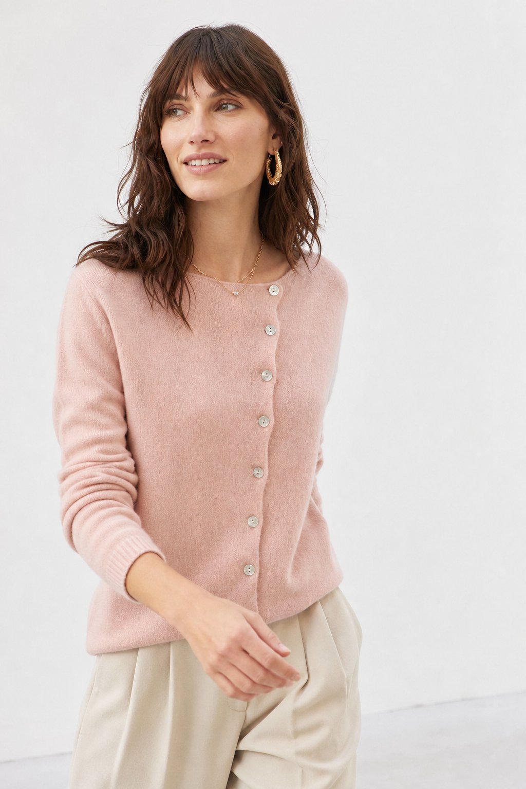 Amélise | Womens Asymmetric Button Cashmere Blend Sweater | Long Sleeves, Soft Knit | Khaki, Pink and More XS-3XL