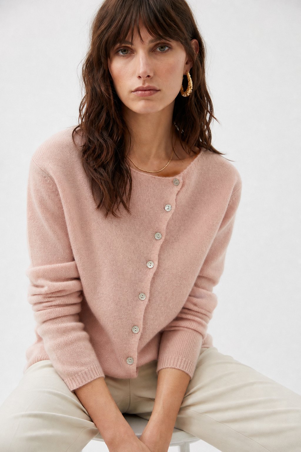 Amélise | Womens Asymmetric Button Cashmere Blend Sweater | Long Sleeves, Soft Knit | Khaki, Pink and More XS-3XL