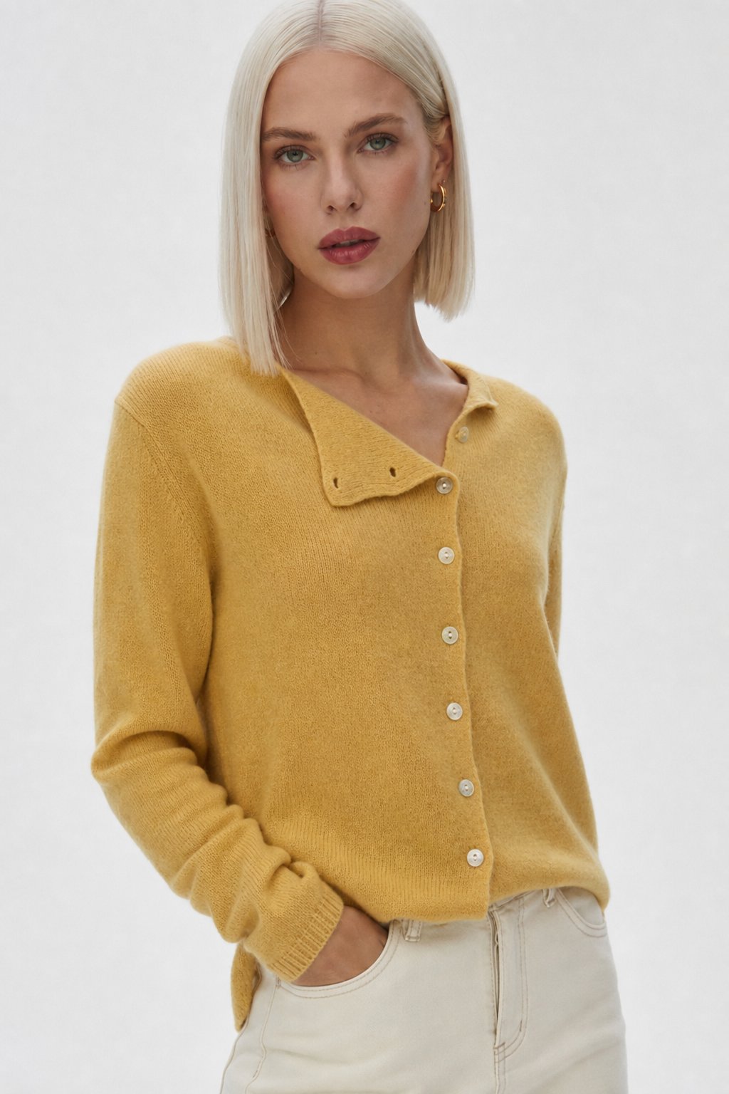 Amélise | Womens Asymmetric Button Cashmere Blend Sweater | Long Sleeves, Soft Knit | Khaki, Pink and More XS-3XL