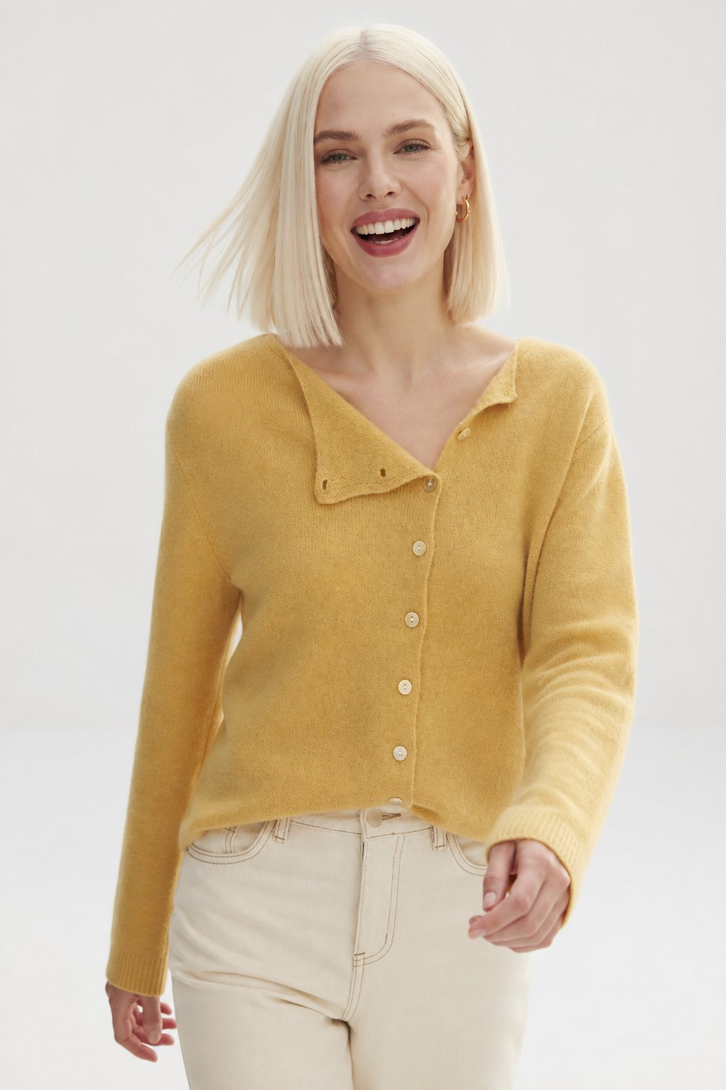 Amélise | Womens Asymmetric Button Cashmere Blend Sweater | Long Sleeves, Soft Knit | Khaki, Pink and More XS-3XL