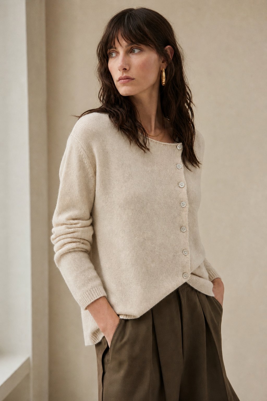 Amélise | Womens Asymmetric Button Cashmere Blend Sweater | Long Sleeves, Soft Knit | Khaki, Pink and More XS-3XL