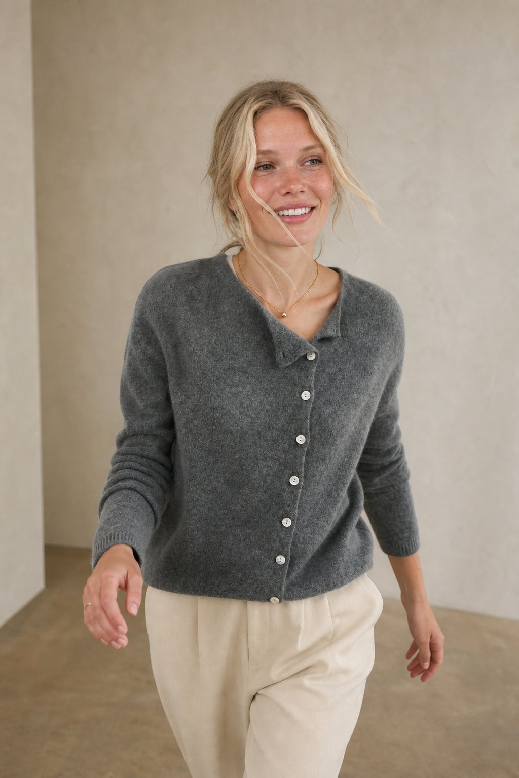 Amélise | Womens Asymmetric Button Cashmere Blend Sweater | Long Sleeves, Soft Knit | Khaki, Pink and More XS-3XL
