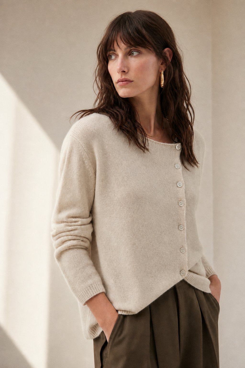 Amélise | Womens Asymmetric Button Cashmere Blend Sweater | Long Sleeves, Soft Knit | Khaki, Pink and More XS-3XL