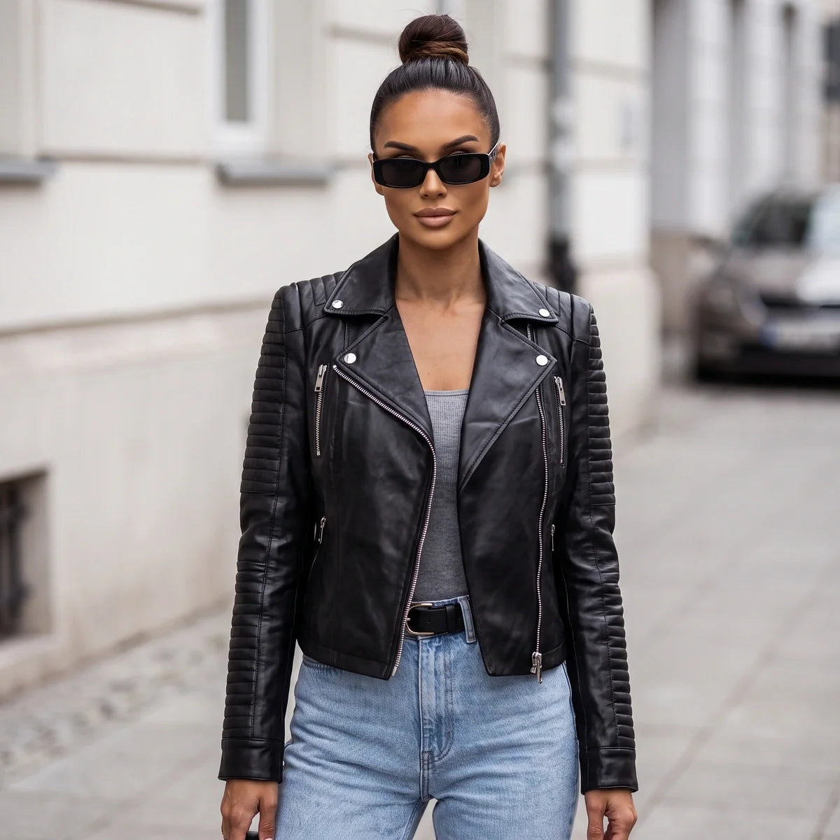 Amandine Quilted Biker Leather Jacket
