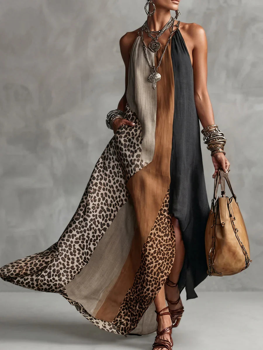 Amy | Leopard Print Patchwork Halter Sundress with Color-Block and Pockets