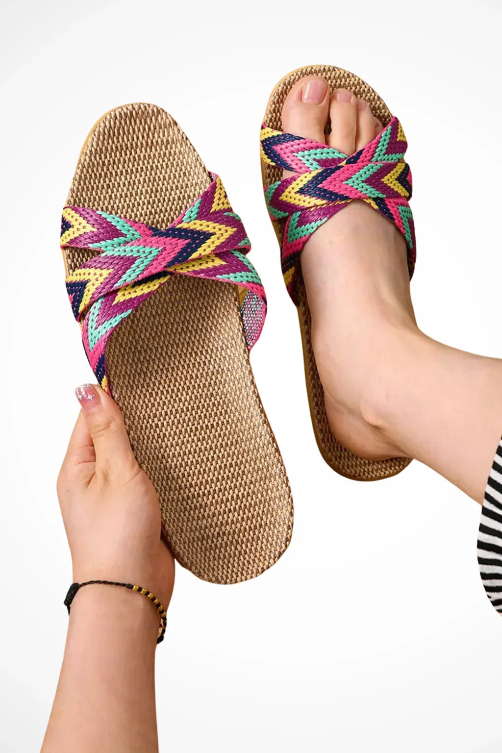 Amy | Women's Chevron Print Slip On Slide Sandals with Crossover Straps
