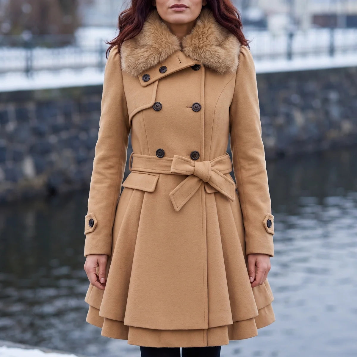 Anastasia Faux Fur Collar Bow Belt Skirted Coat