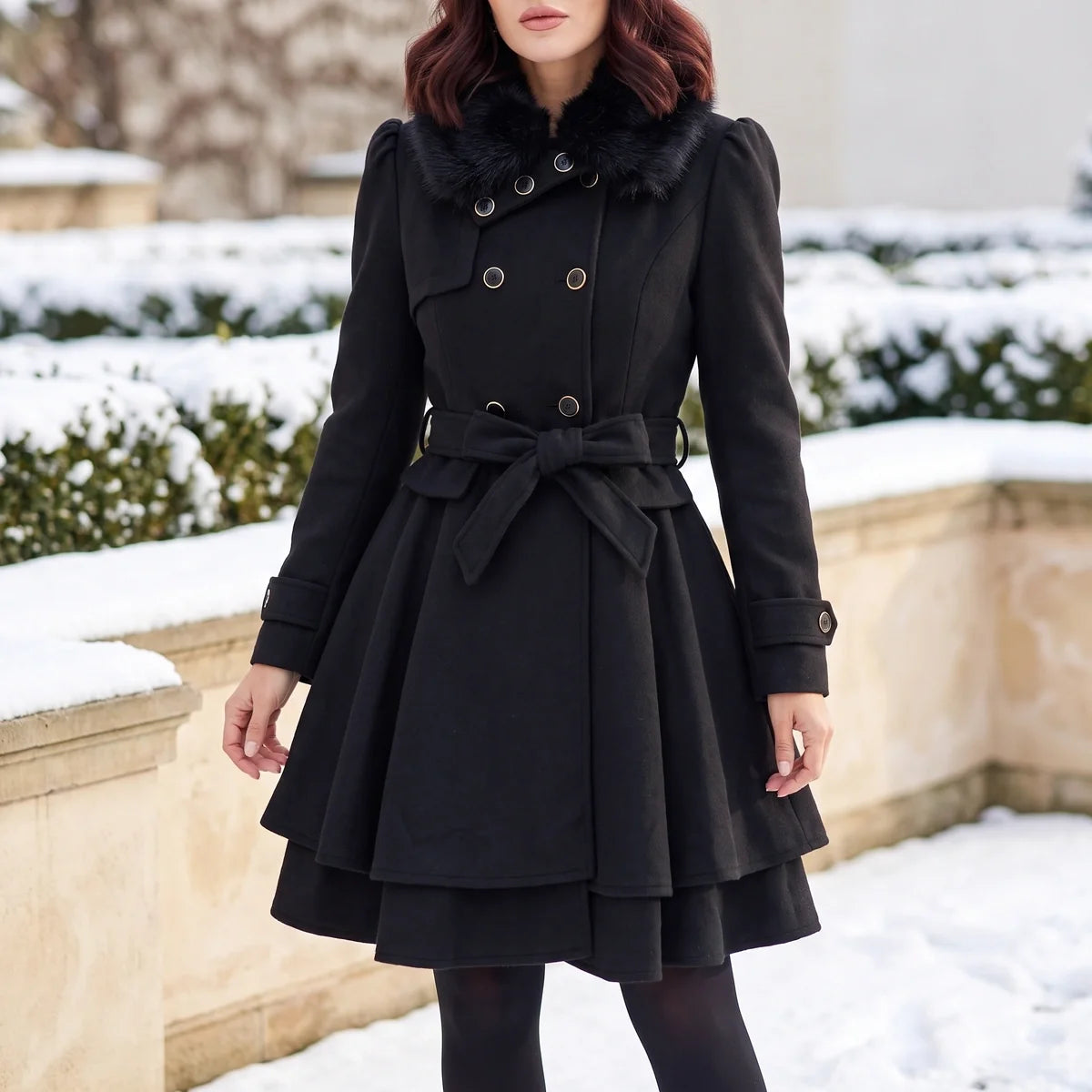 Anastasia Faux Fur Collar Bow Belt Skirted Coat
