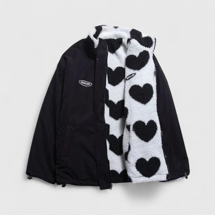 Aneira | Heart Print Padded Fleece Jacket for Women
