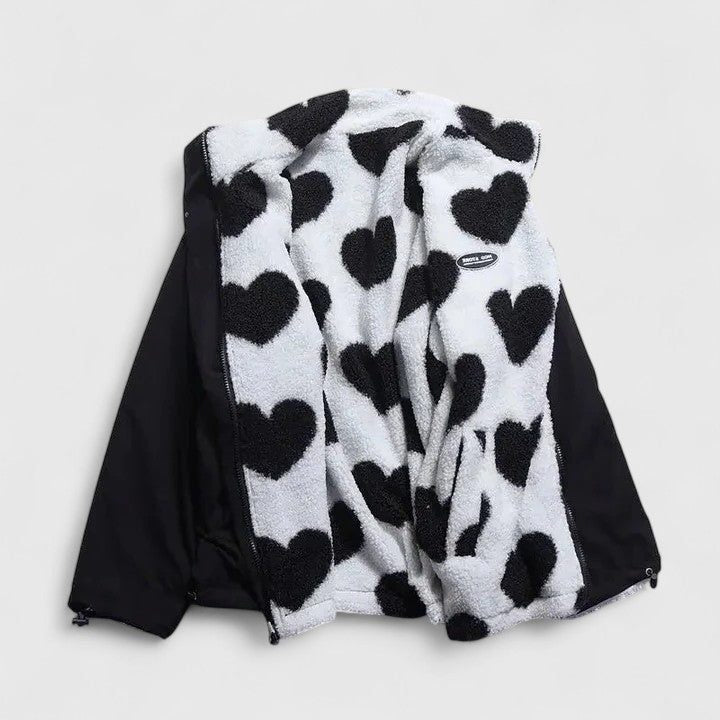 Aneira | Heart Print Padded Fleece Jacket for Women