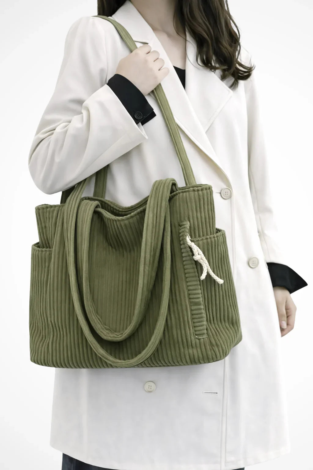 Anna | Women's Corduroy Tote Bag with Patch Pockets and Zip Closure