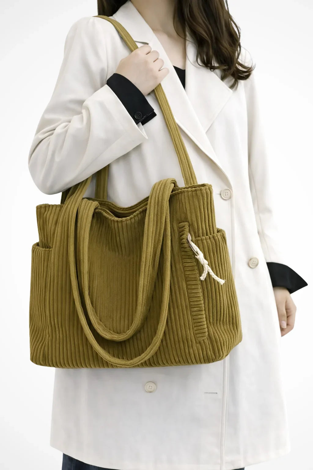 Anna | Women's Corduroy Tote Bag with Patch Pockets and Zip Closure