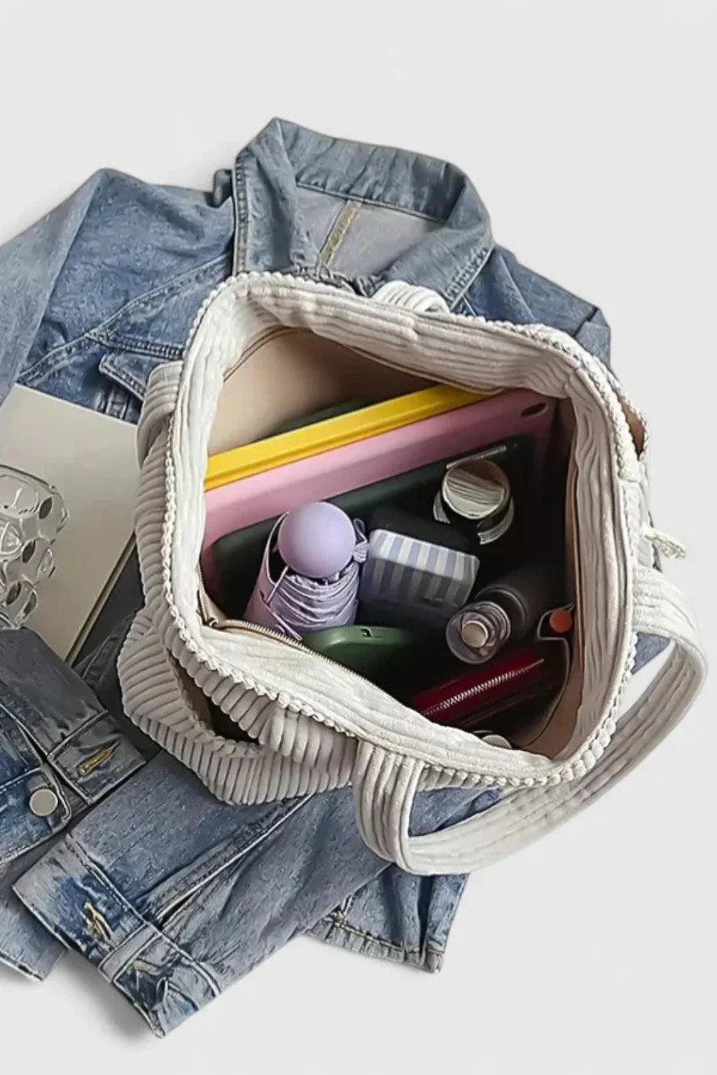 Anna | Women's Corduroy Tote Bag with Patch Pockets and Zip Closure
