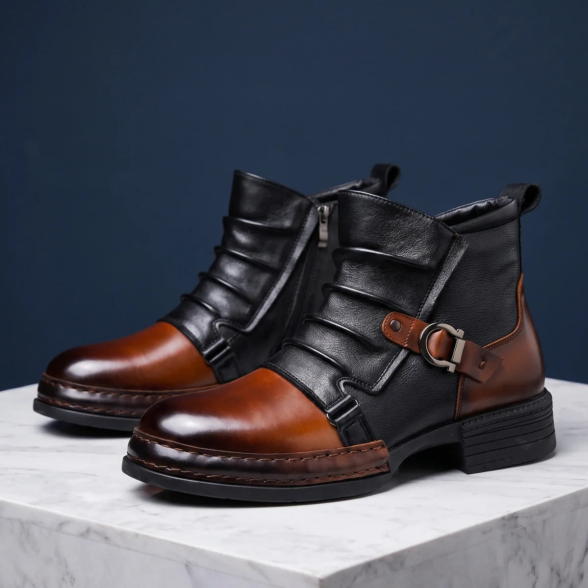 Ansel Two Tone Buckle Zip Boots