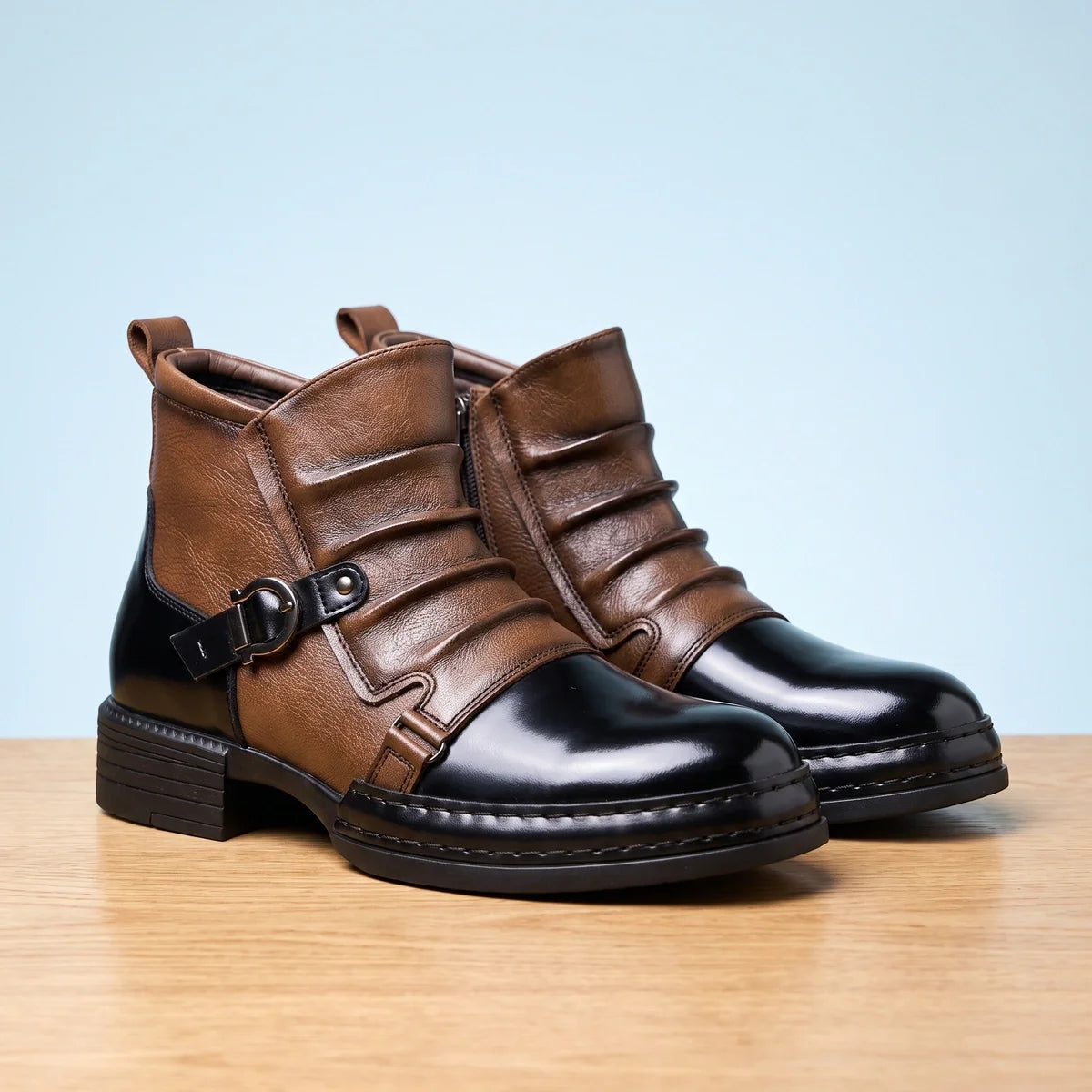 Ansel Two Tone Buckle Zip Boots