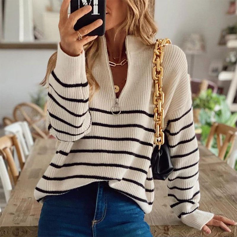 Apolline | Striped Ribbed Knit Half-Zip Sweater for Women