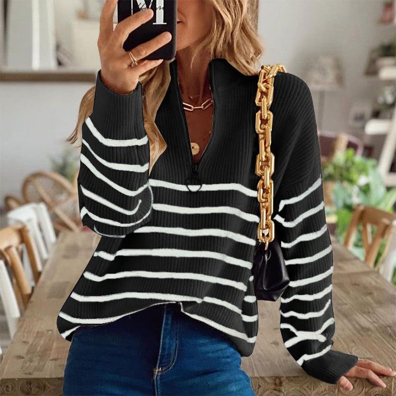 Apolline | Striped Ribbed Knit Half-Zip Sweater for Women