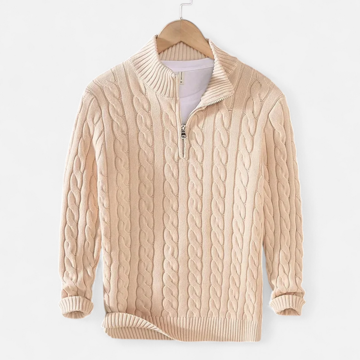 Men's Cable Knit Quarter-Zip Mock Neck Sweater