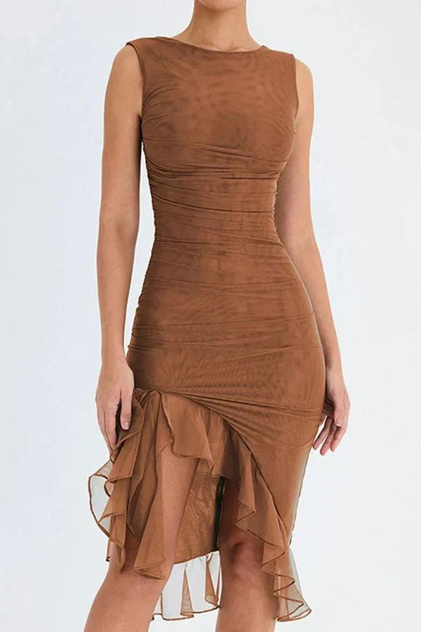 Arabella | Women's Ruched Sleeveless Wedding Guest Midi Dress with Asymmetric Hem