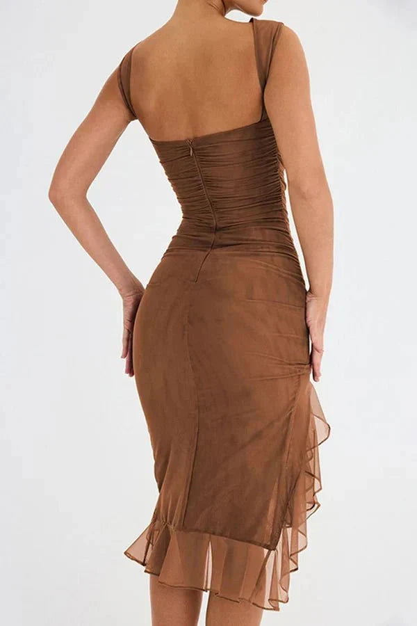 Arabella | Women's Ruched Sleeveless Wedding Guest Midi Dress with Asymmetric Hem