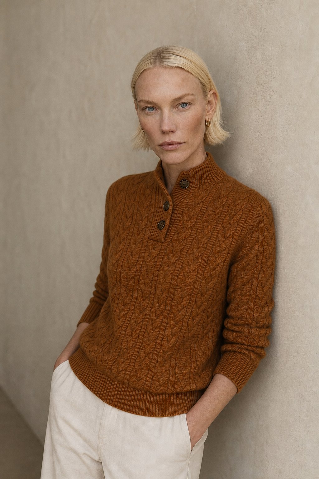 Arden | Womens Button-Up Cable Knit Sweater | Wool Cashmere Blend, Stand Collar | Olive, Khaki and More XS-2XL