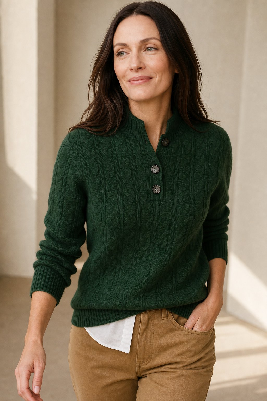 Arden | Womens Button-Up Cable Knit Sweater | Wool Cashmere Blend, Stand Collar | Olive, Khaki and More XS-2XL