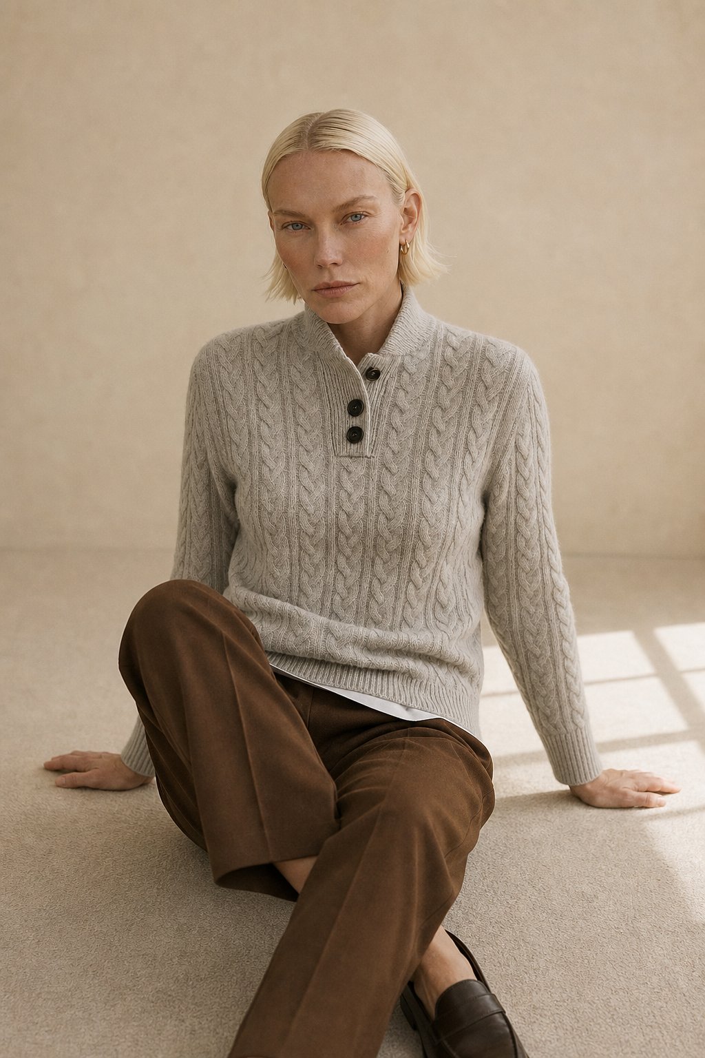 Arden | Womens Button-Up Cable Knit Sweater | Wool Cashmere Blend, Stand Collar | Olive, Khaki and More XS-2XL