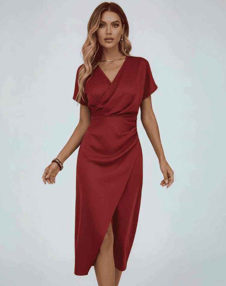 Athena | Wrap Midi Dress with Short Sleeves for Women