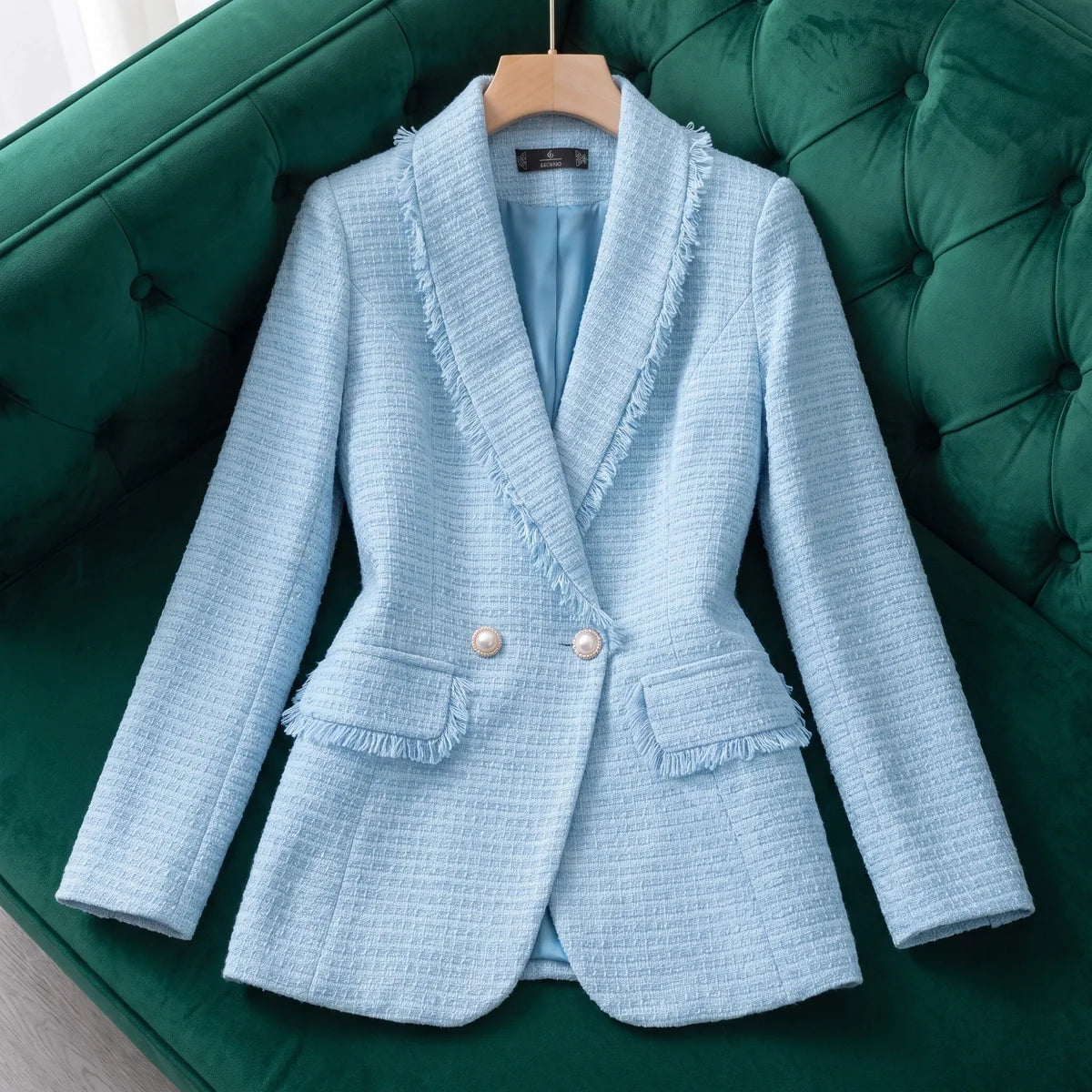 Aurelia Fringed Tweed Pearl Button Blazer