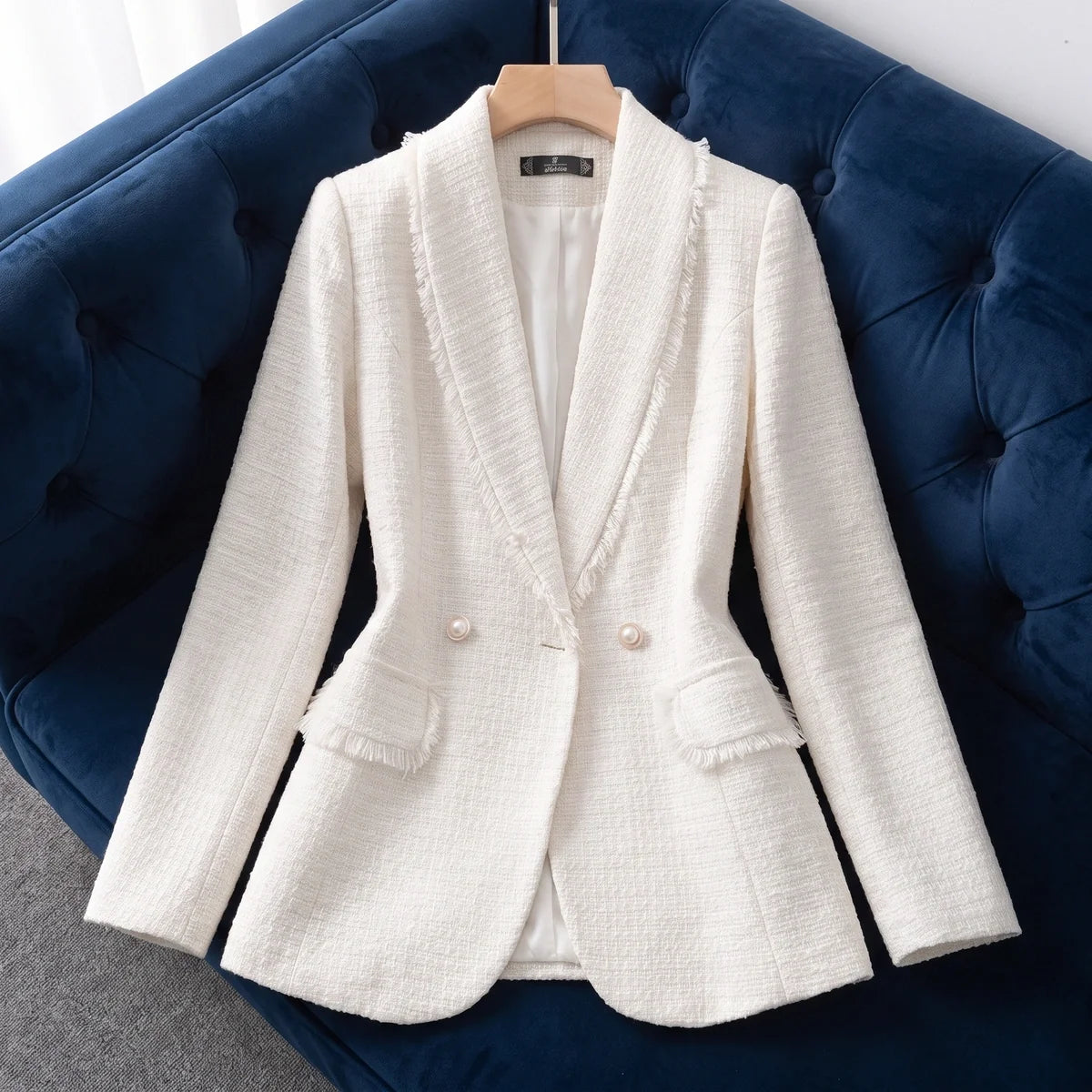Aurelia Fringed Tweed Pearl Button Blazer