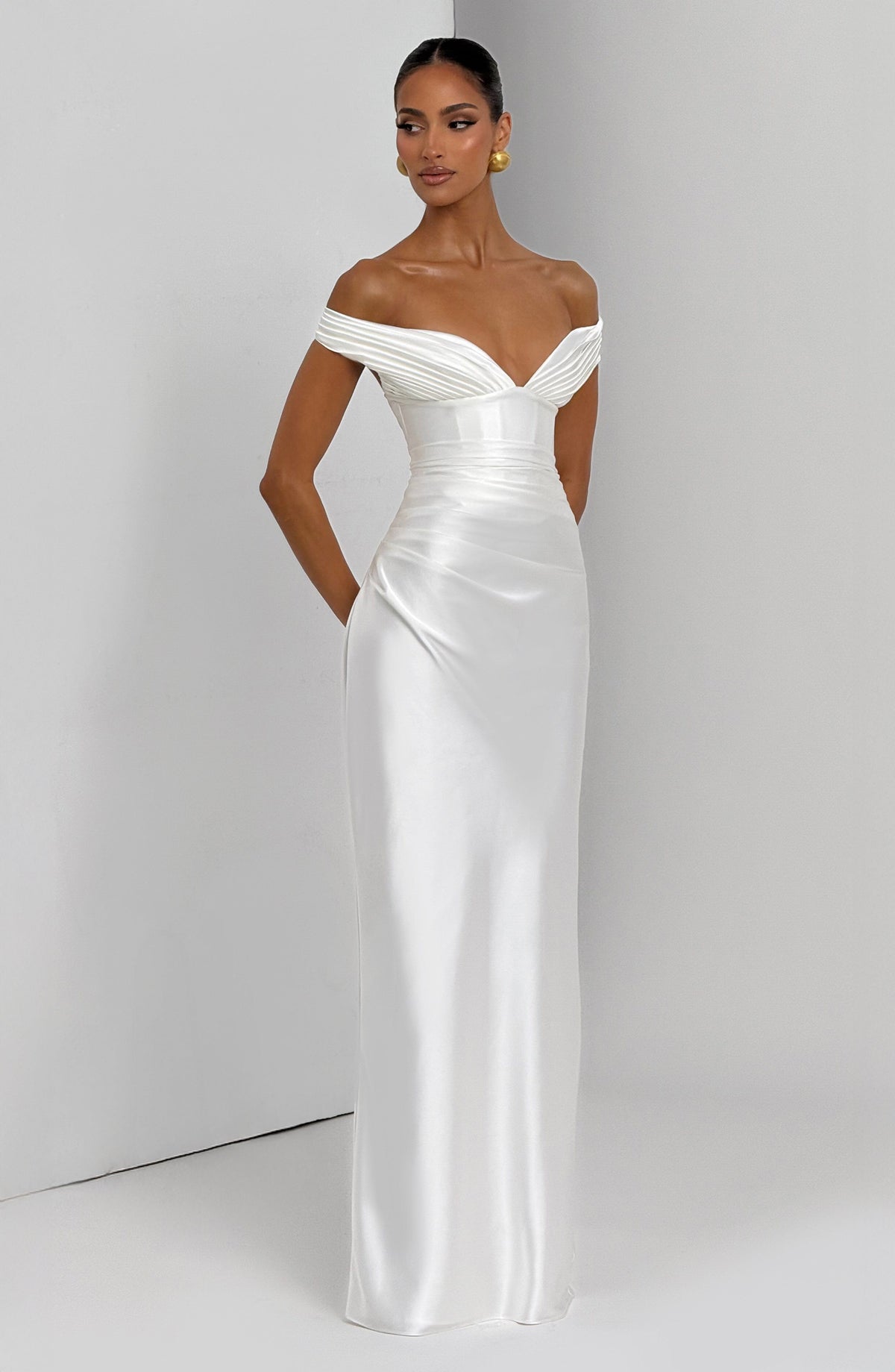 Adeline | Women's Satin Bardot Maxi Dress