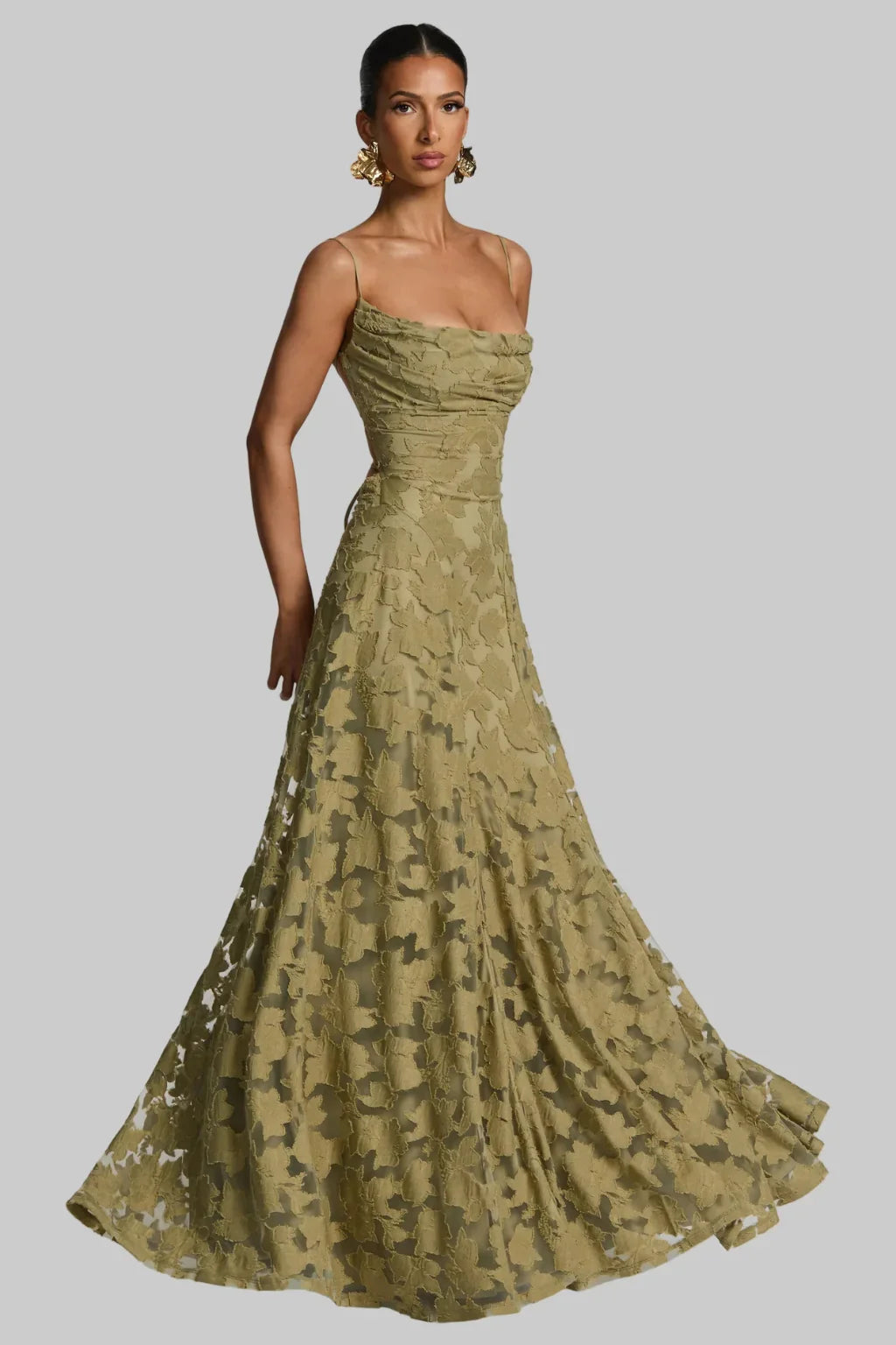 Ava | Lace Up Floral Brocade Wedding Guest Maxi Dress with Cami Straps Back